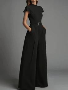 女士简约舒适黑色高领短袖连体裤，腰部收紧设计（无腰带，腰带仅作装饰用途），春夏秋季 - 黑色 - 查看 1