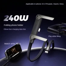 240W Fast Charging Data Cable With Phone Holder, 90° Bend, 360° Rotation, Multi-Angle Adjustment, Braided Cable, Compatible With IPhone 17, Gaming Smartphones, 240W Charging Cable With Holder Compatible With IPhone 17, Tablets, And Fast Charging Smartphones Compatible With IPhone 17, 17 Pro Max, 16, 16 Plus, 16 Pro, 16 Pro Max,Compatible With Redmi, Compatible With OnePlus Charger Travel Type C - Black With Stand - View 9