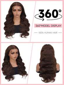 棕色无胶假发，真人发，预先拔毛，预先剪裁，6x5巧克力棕色蕾丝前假发，200%密度，佩戴方便，棕色真人发假发，26英寸，女士款 - S4 - 查看 5