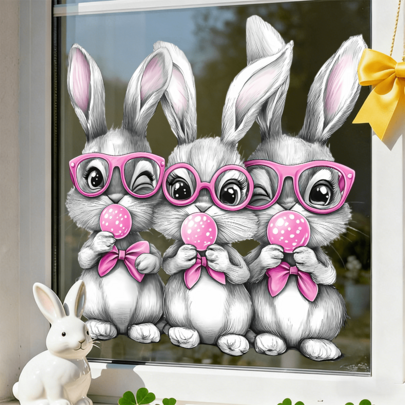 1/3pcs Cute Bunny Window Clings, Creative Pink Bow Bunny Ears And Funny Rabbits, Double Sided Static Stickers, Reusable Anti Collision Decals For Spring Easter Holiday Home Party Decoration.