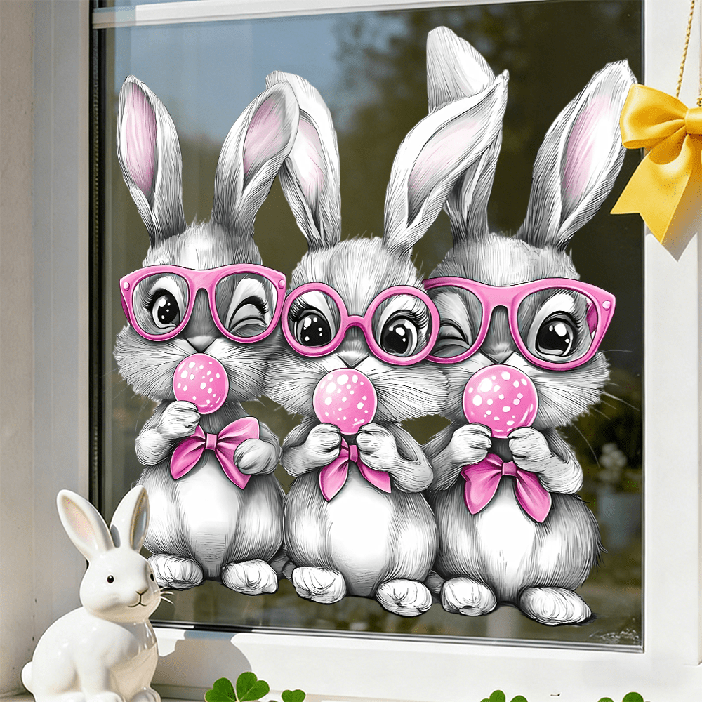 1/3pcs Cute Bunny Window Clings, Creative Pink Bow Bunny Ears And Funny Rabbits, Double Sided Static Stickers, Reusable Anti Collision Decals For Spring Easter Holiday Home Party Decoration.