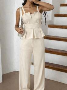 Kliou Fashion Elegant Set With Adjustable Strap Top And Casual Wide-Leg Pants With Pocket - Everyday Summer - Beige - View 5