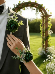 6 Stück/1 Stück Prinzessin Rose Blume mit weißer Schleierkraut und Künstlichen Grünpflanzen, romantische Ansteckblume für Bräutigam, Braut, Hochzeitsdekoration, Party, tägliches Tragen - Dunkelgrün - Übersicht 2