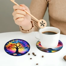 6pcs Life Tree Pattern Coaster Set, Tea Cup Mats, Water Cup Mats, Wine Glass Mats, Coffee Cup Mats, Round Absorbent Silica Gel Coasters, Home Decor, Party & Tableware Gift Set, Suitable For All Seasons - Multicolor - View 9