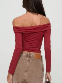 Top Rojo de Manga Larga Off-Shoulder | Diseño Elegante y Ajustado | Look Casual y Sexy para Mujeres Mexicanas - Rojo - Ver 5