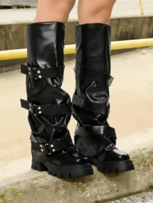 Punk Women's Combat Boots Knee High Round Toe Straps Pull On Wide Calf Pleated Loose Thick Sole Motorcycle Boots Outdoors Cosplay Dressy Slouchy Long Boots - 黑色 - 查看 7