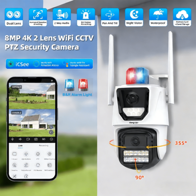BOSSNEY Cámara de vigilancia HD de 8 MP, giro e inclinación de 320°, visión nocturna con doble luz, intercomunicador bidireccional, resistencia al agua IP66, para  del hogar, tienda, jardín, garaje y almacén.