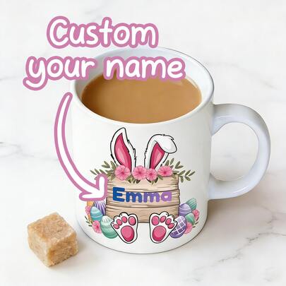 Customized Easter Alphabet Name Mug, Rabbit Initial, Rabbit Easter, Custom Name Mug, Romantic Easter Gift For Boyfriend, Girlfriend, Him, Her
