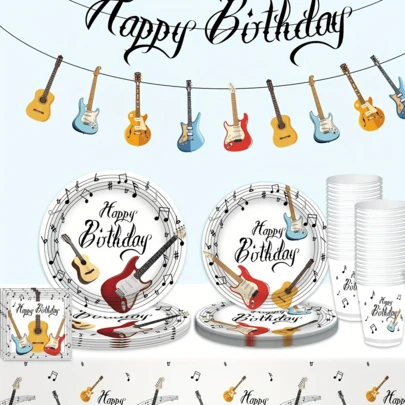 64-Piece Music-Themed Birthday Party Tableware Set, Guitar Style (Includes Plates, Cups, And Napkins), Suitable For Weddings, New Year's Celebrations, Valentine's Day, Easter, Birthday Parties, Graduation Ceremonies, Back-To-School Celebrations, Outdoor Camping, And Various Other Party Events.