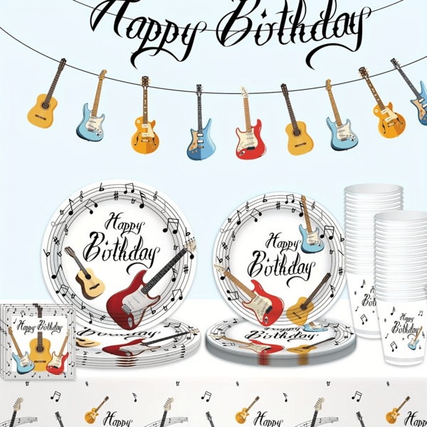 64-Piece Music-Themed Birthday Party Tableware Set, Guitar Style (Includes Plates, Cups, And Napkins), Suitable For Weddings, New Year's Celebrations, Valentine's Day, Easter, Birthday Parties, Graduation Ceremonies, Back-To-School Celebrations, Outdoor Camping, And Various Other Party Events.
