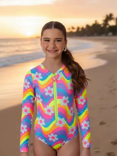 Maiô Infantil Menina Manga Longa Proteção UV Solar Zíper Moda Praia Verão
