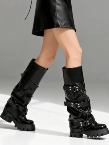 Punk Women's Combat Boots Knee High Round Toe Straps Pull On Wide Calf Pleated Loose Thick Sole Motorcycle Boots Outdoors Cosplay Dressy Slouchy Long Boots - 黑色 - 查看 5