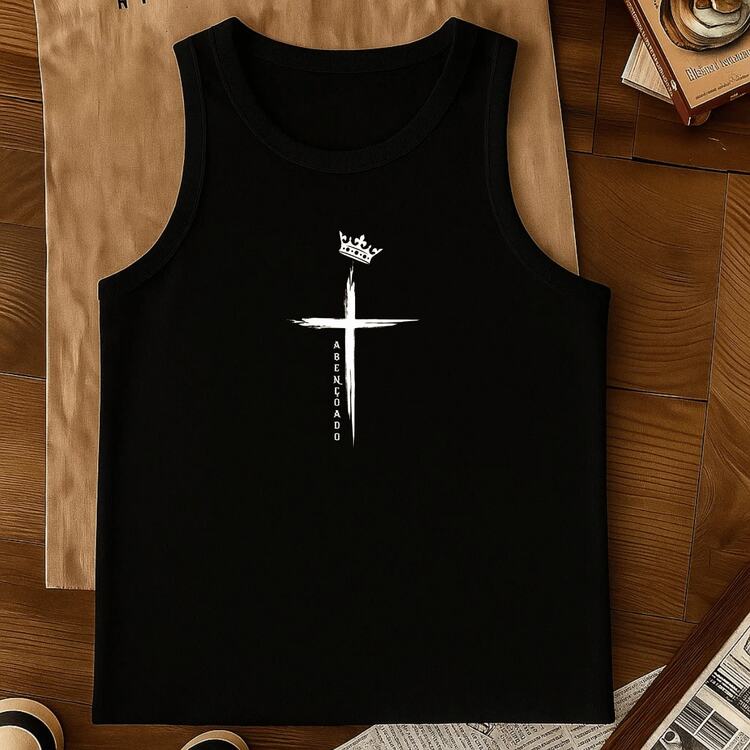 Men's Sleeveless Tank Top With  Cross Design, 100% Cotton, Premium Print, Gym, Summer, Workout, Fitness, Casual, Streetwear, Oversized - 黑色 - 查看 3