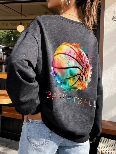 Girls' Black Basketball Graphic Crew Neck Sweatshirt, Graphic Design Complements Base Color, Sporty Vibe, Suitable For Casual, Sports, Campus Activities, Outdoor Trips And More