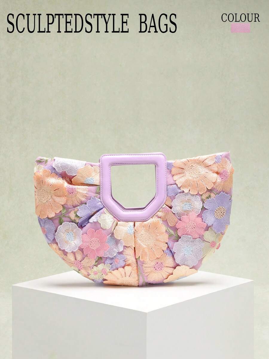 1个彩色花卉装饰网纱刺绣贴花扇形大号手提包，亚麻底，优雅的夏季海滩度假风格，适合搭配长裙（花卉图案随机发送） - 淡紫色 - 查看 1