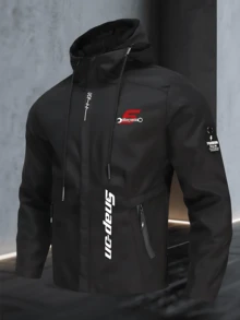 Men's Jacket: Men's Casual Sports Hooded Jacket, American Style Long-Sleeved Hooded Drawstring Pocket Zipper Windproof Jacket, Letter Print Design, Regular Version, Exclusive For Autumn And Winter, Suitable For Daily Outdoor Exercise - 黑色 - 查看 2