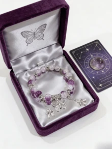 1Pc  Kids Teens Glass Beaded Bracelet - Butterfly Charm + Delicate Cracking, Fashionable Unisex Accessory, Perfect For Daily Matching & Gift Giving - 紫色 - 查看 4