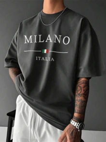 Men's Streetwear T-Shirt, Graphic Minimalist, Milano Italia, Plus Size, City Style, 100% Cotton - 深灰色 - 查看 1