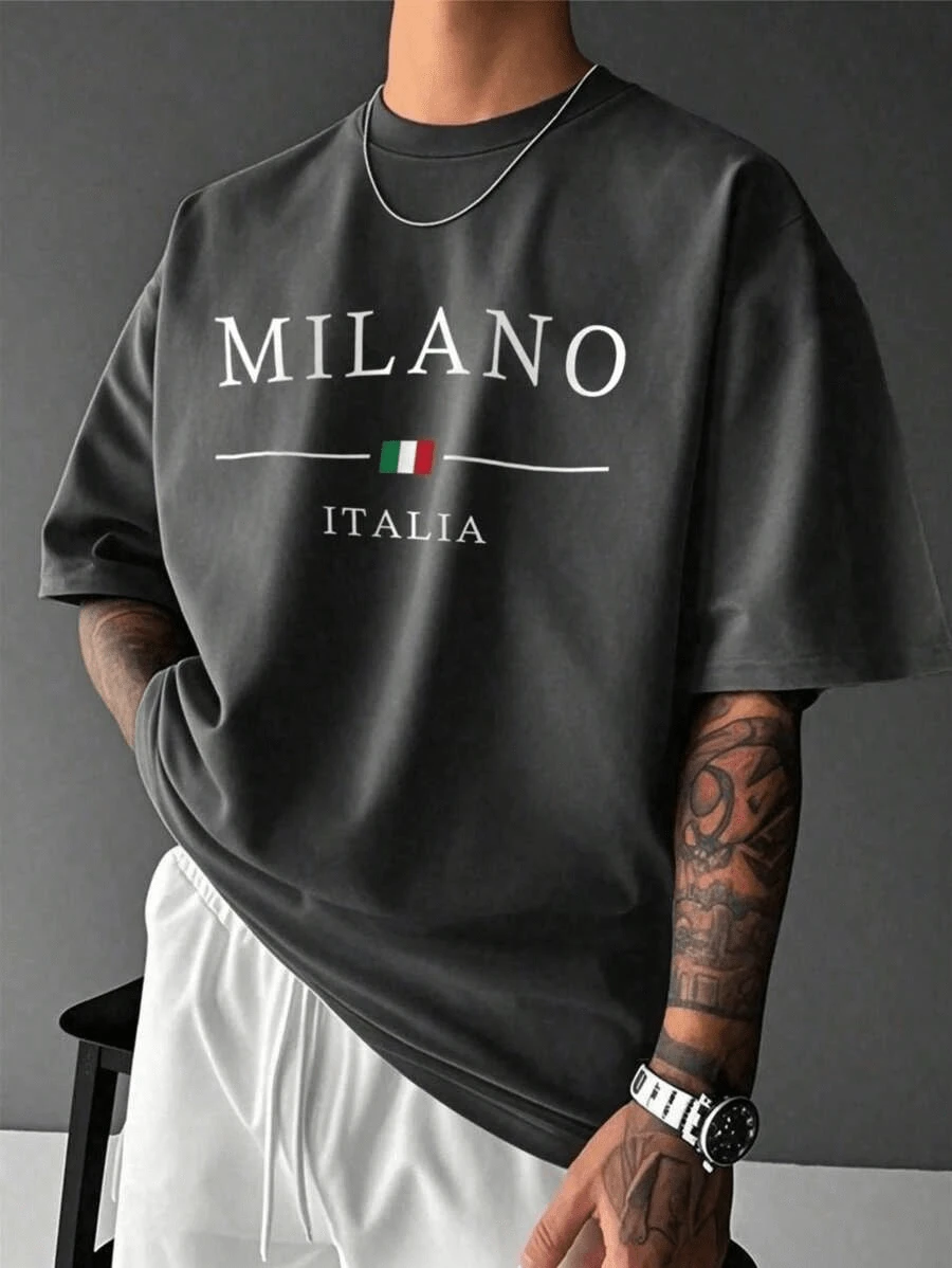 Men's Streetwear T-Shirt, Graphic Minimalist, Milano Italia, Plus Size, City Style, 100% Cotton - 深灰色 - 查看 1