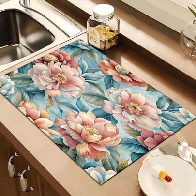 1pc Floral Pattern Absorbent Dish Drying Mat, Home Decor, Dish Drying Pad, Espresso Machine Countertop Absorbent Mat, Sink Drain Mat, Soft Faucet Absorbent Mat, Sink Cup Mat, Kitchen Supplies, Bathroom Accessories
