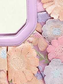 1个彩色花卉装饰网纱刺绣贴花扇形大号手提包，亚麻底，优雅的夏季海滩度假风格，适合搭配长裙（花卉图案随机发送） - 淡紫色 - 查看 8