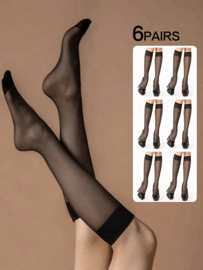 6 Pairs Women 15D Anti-Snag Silk Stockings, Black Color Knee-High Sexy Ultra Thin Transparent Versatile Socks, Fall, Cozy