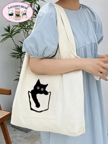 1pc Ladies Beige Canvas Tote Bag With Black Cat Print, For Shopping - Beige - View 3