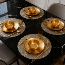 60pcs/120pcs Star And Moon Pattern, Gold Foil Round Placemats, Disposable, Suitable For Weddings, Birthdays, Graduations, Holidays, Home Decor, Metal Round Dining Accessories, Indoor And Outdoor Dining, Table Protection, Kitchen Tabletop Decor, Holiday Decoration, Tableware Accessories