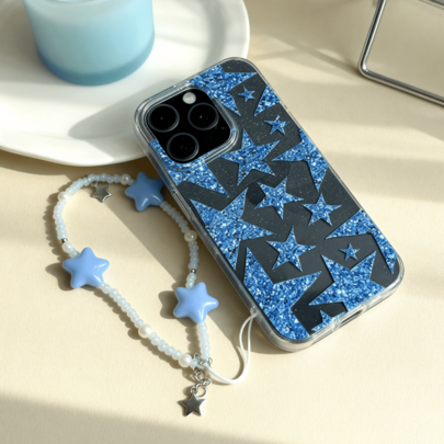 1个时尚全屏蓝色星形图案+珍珠装饰TPU透明闪光手机壳，户外必备，防丢，轻薄柔软硅胶材质，防震，防指纹，兼容 17/16/15/14/13/12/11 Pro Max/XR/X/XS Max，送朋友的好礼物