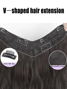 Extensión de peluca sintética con forma de V larga y ondulada, con 4 pinzas resistente al calor, adecuada para mujeres - Negro - Ver 3