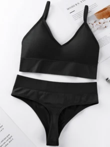 4 件套女士无钢圈加垫聚拢三角杯文胸套装带无缝运动背心和三角裤，纯色两件套女士 2 件套 - 彩色 - 查看 3