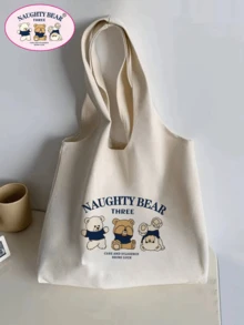 时尚卡通熊印花帆布手提包书包，返校，大容量，便携，可折叠，经典休闲，适合少女女大学生，非常适合返校、大学、小学、初中、高中、工作、商务、通勤、购物、度假 - 米色 - 查看 9