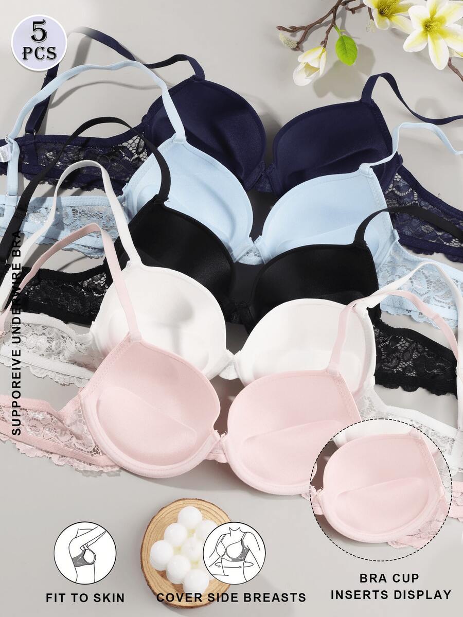 5pcs Elegant Solid Color Lace Patchwork Push-Up Bra - Multicolor - View 1
