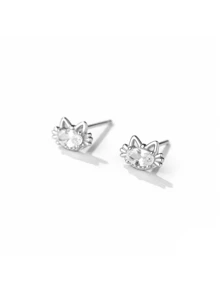 S925 Silver Cat Zirconia Stud Earrings, Hypoallergenic For Pierced Ears, Suitable For Girlfriend, Best Friend, Daily Wear, Party, Comes With Gift Box