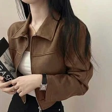 女士休闲日常通勤时尚街头学院机场穿搭纯色仿麂皮翻领拉链短款长袖外套，秋季款 - 棕色 - 查看 3