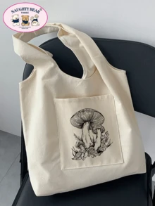 時尚簡約風格蘑菇印花帆布袋蘑菇袋,新奇包,完美的最佳惡作劇和有趣的禮物。 - 米色 - 查看 4