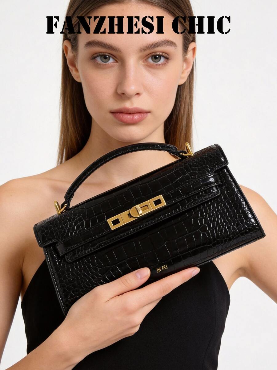 Bolso de mano con estampado de cocodrilo, diseño minimalista y elegante con asa superior y cierre de giro, interior espacioso adecuado para artículos esenciales diarios como lápiz labial, llaves, cosméticos, versátil para el trabajo, las compras, los viajes de negocios y talla grande - Negro - Ver 1