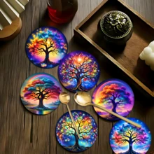 6pcs Life Tree Pattern Coaster Set, Tea Cup Mats, Water Cup Mats, Wine Glass Mats, Coffee Cup Mats, Round Absorbent Silica Gel Coasters, Home Decor, Party & Tableware Gift Set, Suitable For All Seasons - Multicolor - View 6