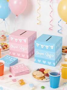 一套51件的婴儿尿布抽奖游戏盒，包含尿布抽奖券盒和婴儿礼物留言盒，适合婴儿生日派对 - 彩色 - 查看 6