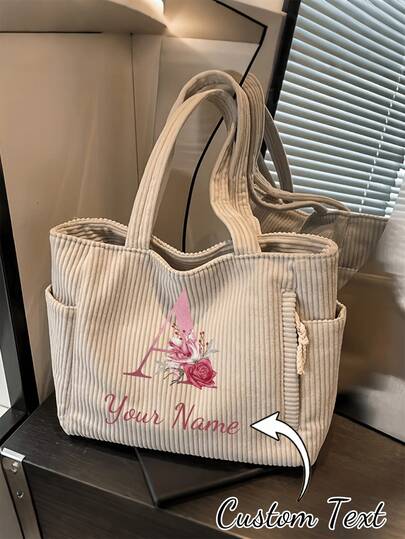 1pc Customized Solid Color Corduroy Tote Bag, Large Capacity Corduroy Handbag, Suitable For School, Travel, Shopping, Dating, Women's Gift Corduroy Tote Bag, Women's Fashion Shoulder Bag, Student Backpack, Back To School Backpack, Portable, Large Capacity, Lightweight, Suitable For Girls, Female College Students, Campus, Outdoor, Travel, Outings, Work, Business, Commuting, Valentine's Day Gift, New Year Gift