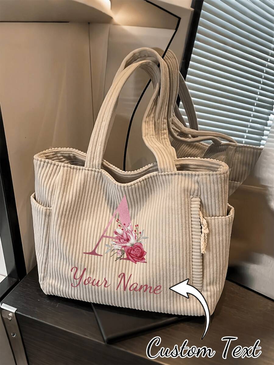 客製化純色燈芯絨托特包,大容量女款單肩手提包,輕便學生包,適用上學、旅行與工作,送給女孩子的禮物 - 彩色 - 查看 1