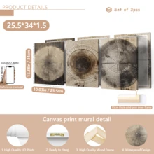 3幅复古墙面艺术海报，帆布画，装饰艺术品，大地色系，复古抽象，树木年轮，自然图案，质朴木纹，农舍风格装饰，带框或不带框可选，房间装饰，家居点缀，宿舍，酒店，客厅，卧室，浴室，办公室墙面装饰，礼品 - A - 查看 12