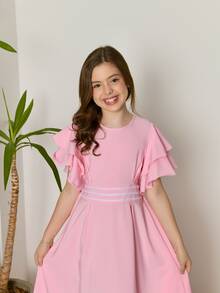 Evangelical Long Dress For Girls And Teenagers With Trio Detail At The Waist And Layered Sleeves | Long, Flared Dress With Elastic At The Back | Sizes 10 To 16 | Colors: Baby Blue, Green, Pink, Lavender, And Navy Blue | Elegant And Comfortable Outfit For Birthdays, Parties, Christmas, Graduations, And Special Events | Classic Teen Dress With A Loose Fit | Delicate Model With Wide Sleeves And Refined Finish | Long Dress For Pre-Teen And Teenage Girls | Children's Clothing For Special Occasions And Dressy Casual Wear | Ideal Gift For Girls | Flared Dress With Lightweight Fabric And Soft Touch | Charming, Discreet, And Comfortable Look For Various Occasions - Rosa - 查看 6