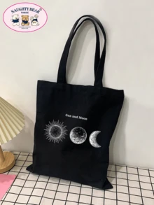 Bolso tote minimalista con patrón geométrico de lona compras - Negro - Ver 4