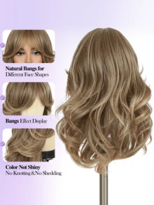 层次感假发，带刘海，耐热纤维合成发，齐肩长度，中分卷发，混色水波纹假发，适合女性日常、派对或角色扮演使用。