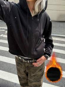 Sweat-shirt zippé à capuche avec strass ciel étoilé, veste de survêtement noire de conception de niche - Noir - Voir 1