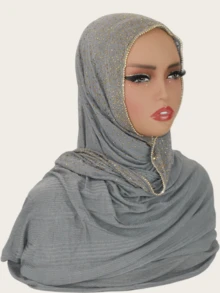 1pc Women's Striped Knit Elastic Fabric Diamond Crafted Viscose Maxi Scarf, Malaysian Hijab Fashion Headscarf - Chain-studded Long Scarf - View 15