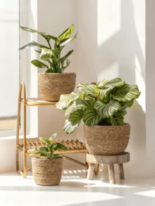 Vaso redondo artesanal em estilo boêmio (1/3 peças) | Material absorvente, com forro plástico, decoração para jardim interno e externo, ideal para plantas de pequeno e médio porte. - amarelo palha - Ver 5