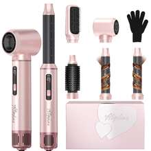 ATOPSKINS 2026升级版五合一多功能造型工具（卷发棒+吹风机+热风梳+直发梳）| 5个可拆卸可互换刀头+3档温度设置+LED数字温度显示及精准调节| 自动卷发，打造沙龙级卷发/波浪/直发/柔顺造型| 蓬松刘海 - 粉色 - 查看 11