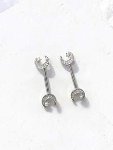 2pcs Elegant Sparkling Cubic Zirconia Heart, Flower, Butterfly, Moon Hoop Earrings, Stainless Steel Barbell Nipple Rings Body Piercing Jewelry - Silver - View 9